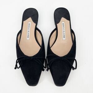 Manolo Blahnik Ballerimu Black Suede Bow Square Toe Ballerina Flat Mules IT 37